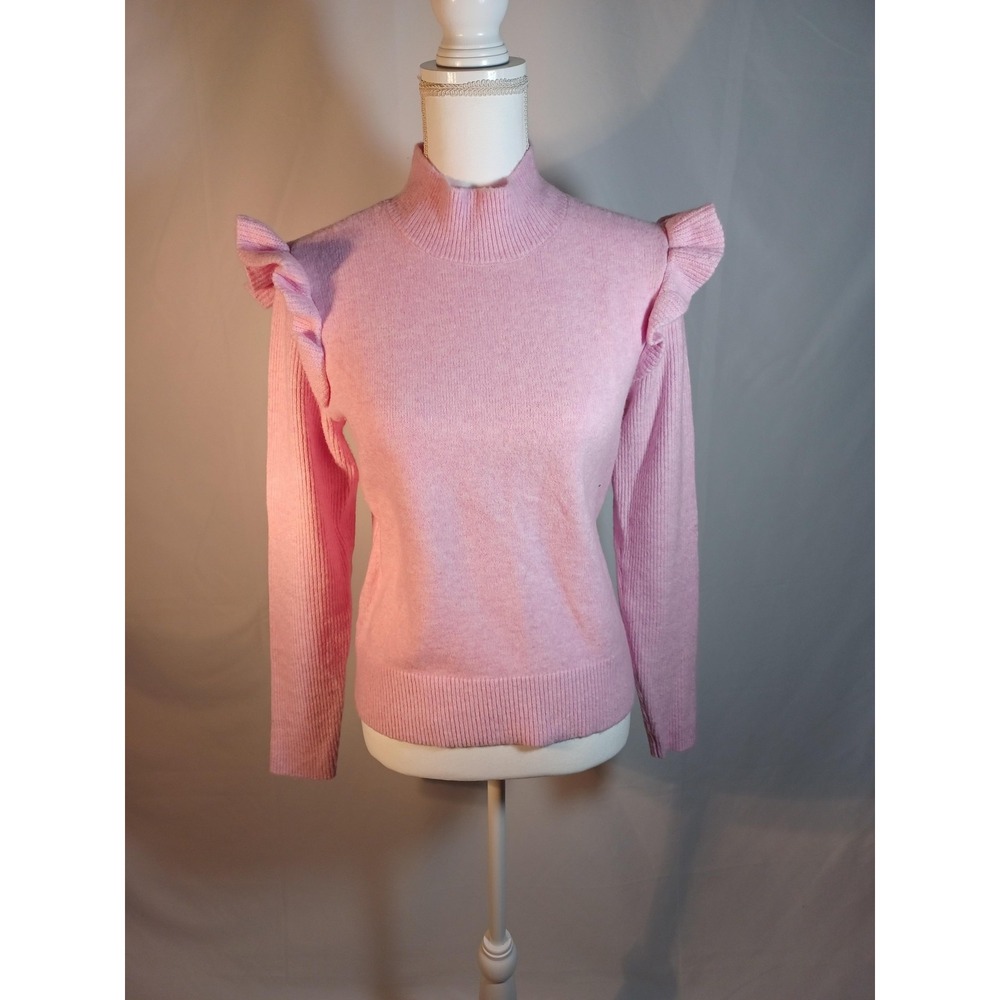 Sweater Womens Unknown Size Pink Mock Neck Ruffle Shoulder Long Sleeve Pullover